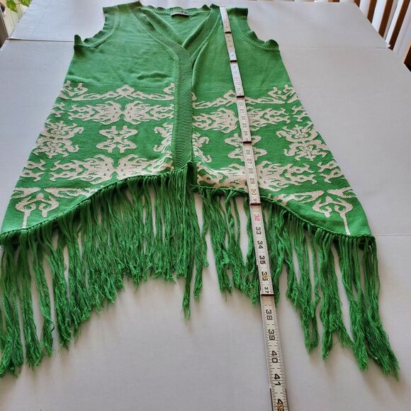 Boho Patterned Knit Fringe Sweater Vest Long Open-Front Maude Sz L Layer Hippie - Picture 6 of 9